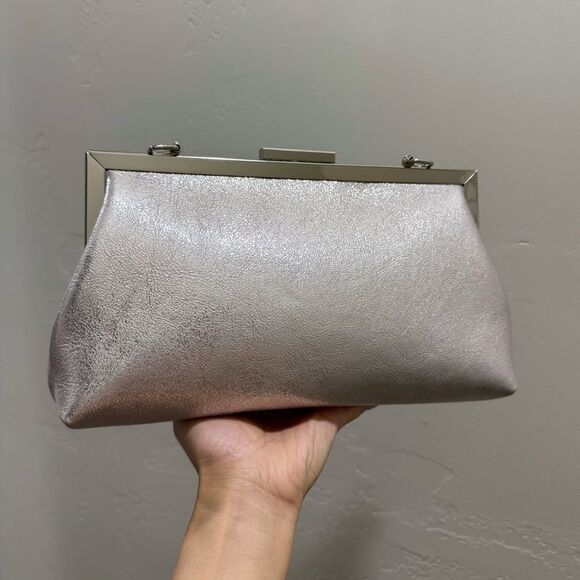 Metallic Pink Leather Handmade Asymmetrical Ruffles, Push Lock Clutch/Crossbody - Picture 9 of 14